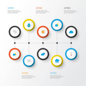 气候图标扁平的风格设置与多云, 风, 阳光明媚和其他新月元素。被隔绝的向量例证气候图标