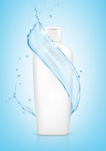 白色化妆品瓶，蓝色背景上有水溅。 矢量插图