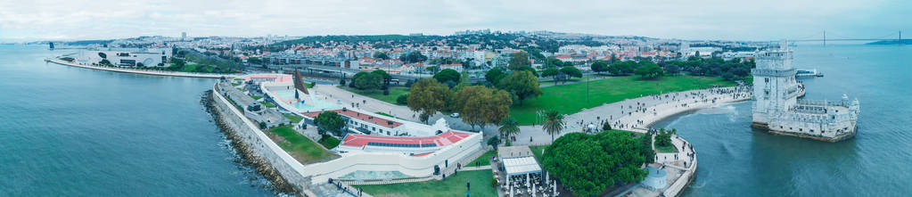 贝伦塔鸟瞰阴天里斯本葡萄牙。