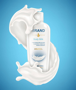 矢量插图奶油乳液化妆品牛奶的脸和手在白色瓶子上的蓝色背景与牛奶飞溅。