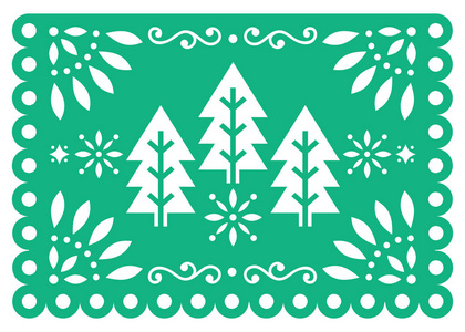 圣诞木瓜图片矢量设计与圣诞树墨西哥冬季纸派对装饰绿色和白色5x7贺卡图案。 节日的圣诞派对横幅灵感来自墨西哥的花环和圣诞图案松树