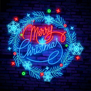 圣诞快乐和2019年新年快乐霓虹灯标志与雪花悬挂圣诞球圣诞老人帽糖果。