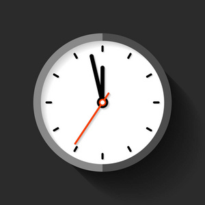时钟图标在平面风格的圆形计时器在黑色背景。 五分钟到十二点。 简单的手表。 业务项目的矢量设计元素