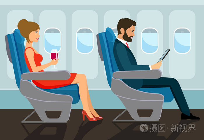 乘客年轻漂亮的女孩和男人的性格坐在飞机上的椅子上矢量平面样式插图