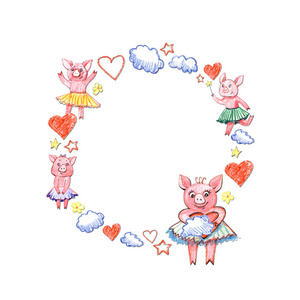 可爱的粉红色猪在花框。2019年新的一年的象征。美丽的贺卡。与快乐的动物一起打印