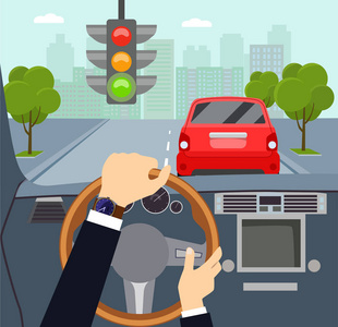 一个年轻的有魅力的男子驾驶车辆, 看风景, 透过挡风玻璃看到.