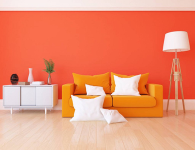 抽屉灯带有橙色沙发和枕头,抽屉和落地灯的时尚客房内部照片