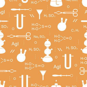 科学矢量无缝模式与烧瓶燃烧器漏斗工具和公式。 教育要素。 化学生物医学。