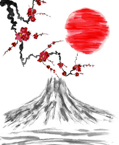 东方传统相扑绘画。 富士山开樱花日落。 日本太阳。 水彩和水墨插图