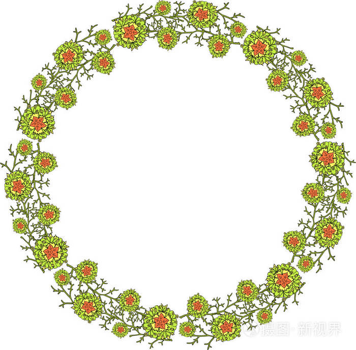 绿色花圈与花在白色背景