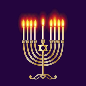 快乐光明节卡片犹太节日传统光明节象征。 快乐的光明节，光明节，金色的门诺拉，烛光和蜡烛的节日背景。 汉努卡梅诺拉标志符号标签。