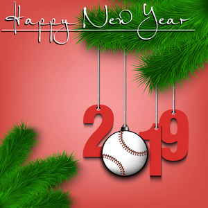 棒球和2019年在圣诞树树枝上