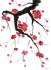 一棵开花的树的树枝。 粉和的风格花梅野生杏和樱花。 水彩和水墨插图的风格相扑。 东方传统绘画。