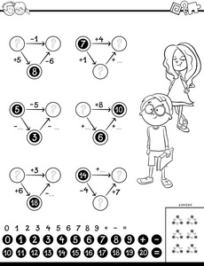 黑白卡通插图教育数学计算图任务儿童着色书
