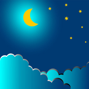 云中的月亮和星星。 夜间景观。