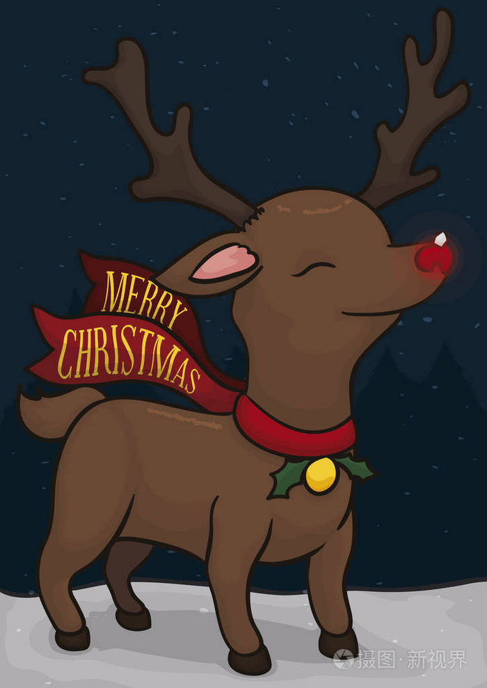 在一个下雪的夜晚嫩红的鼻子驯鹿戴着一条项链上面装饰着冬青叶奖章和