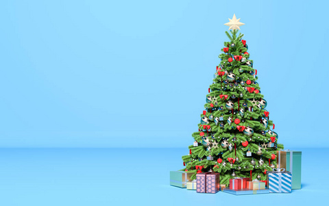 房间里有礼物的圣诞树。 三维渲染插图。 复制空间。 新年假期。