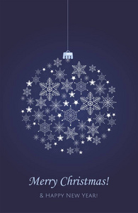 圣诞贺卡。装饰蓝色球与雪花