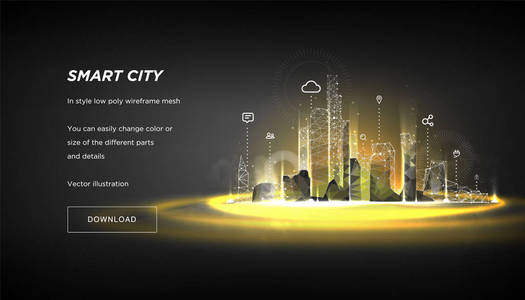 智能城市低聚线框在黑暗的背景。城市高科技抽象或大都市。智能楼宇自动化系统的经营理念。具有连接的点和线的多边形空间低聚