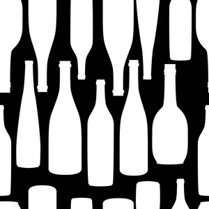 无缝图案包装纸与不同形状的黑白酒瓶。 平面设计矢量图
