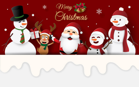 纸艺工艺风格圣诞派对与圣诞老人，雪人和驯鹿卡邀请圣诞快乐和新年快乐