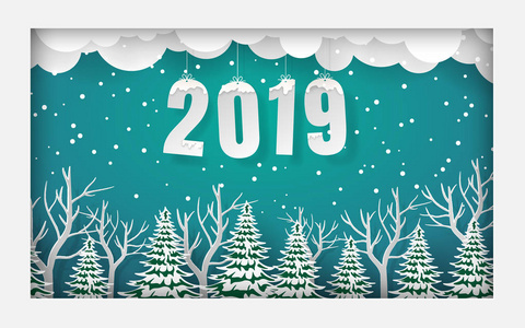 纸艺工艺风格松林框架，文字2019年圣诞快乐，新年快乐