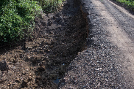 旧路。概念道路在巨大的坑。硬路的象征..大面积地震后道路裂缝