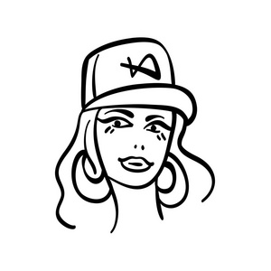 矢量黑白图像的年轻女子RNB风格金发与大圆耳环和帽子。素描矢量插图女孩脸