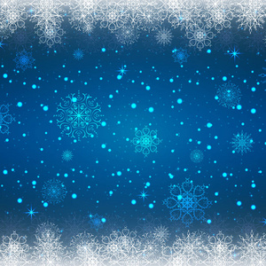 抽象发光的圣诞节，节日背景，雪，火花和发光的雪花在蓝色背景。