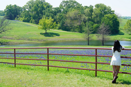 德克萨斯州的女孩年轻女子身穿白色连衣裙,站在金属栅栏附近,俯瞰春天