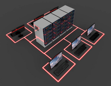 计算机网络概念。互联网服务器。三维插图