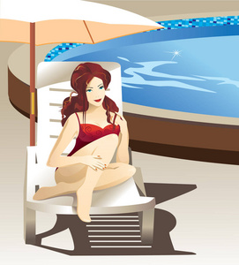 那个女孩坐在游泳池附近的一把海滩伞下的一个阳光休息室里。