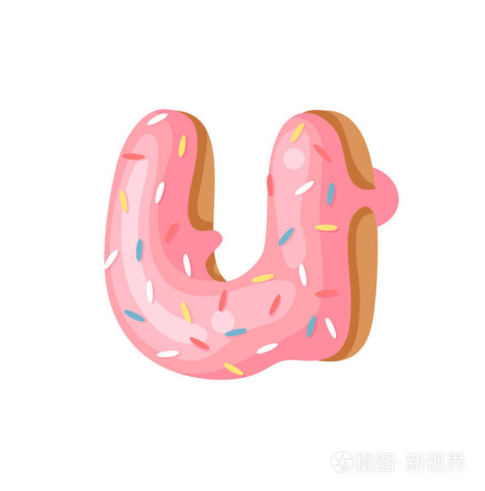 卡通矢量插图甜甜圈字母u.手画字体与甜髻.创意艺术烘焙字母表