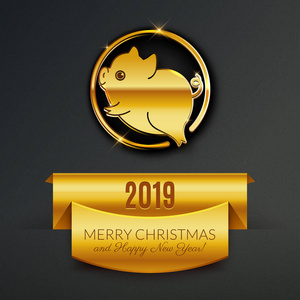 2019年猪明信片设计，金色闪亮的象征