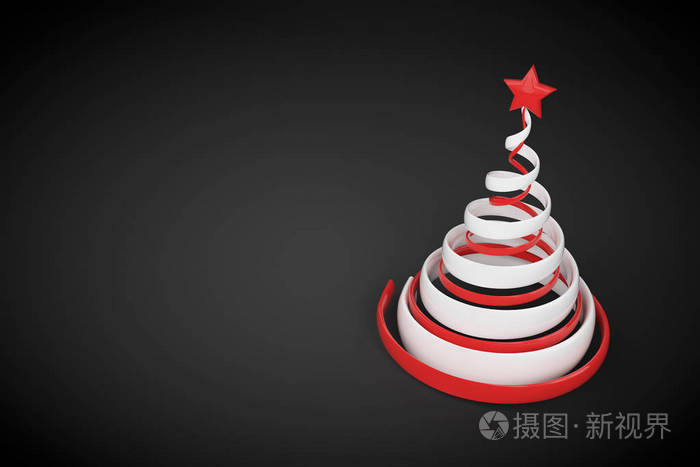 抽象节日螺旋圣诞树由白色和红色丝带与星。3d 渲染插图在黑色背景