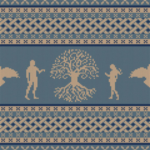 世界树，第一人和飞鸦。针织无缝凯尔特民族装饰品