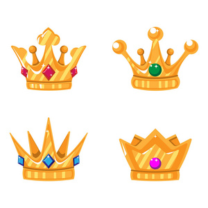 一套带有宝石的金冠图标。 为获奖者冠军领导收集皇冠奖。 矢量隔离元素的标志标签游戏酒店一个应用程序设计。 皇家国王皇后公主皇冠。