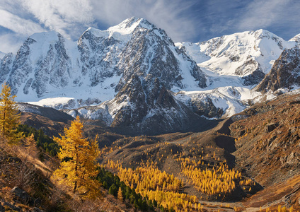 明亮多彩的黄秋山湖俄罗斯西伯利亚阿尔泰山丘崖岭。