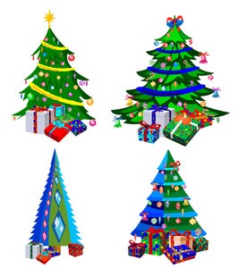 星星装饰球和轻链装饰圣诞树与许多礼品盒。 孤立在白色背景上。 一套圣诞树。