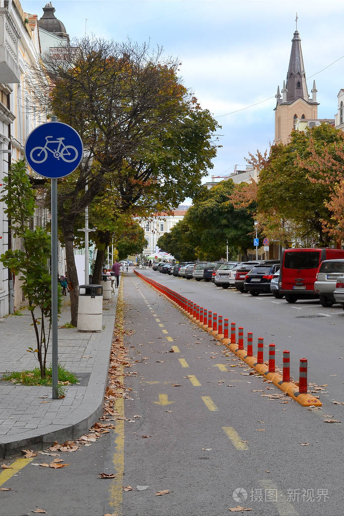 秋天的城市景观,黄绿的树和蓝天的垂直框架