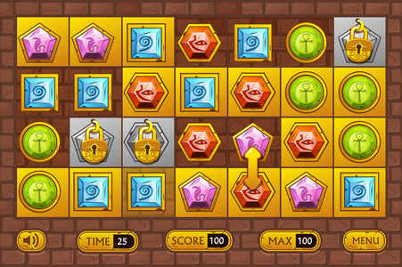 埃及风格的界面匹配3游戏。 提取珍贵的多色石头游戏资产图标和黄金按钮。 类似的jpg副本