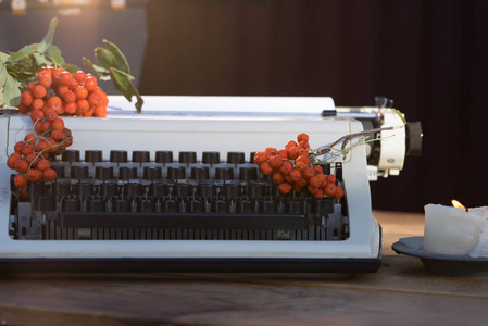 冬季故事系列。 冬天仍然生活着一支古老的打字机蜡烛和罗万浆果，唤起了旧时尚假日季节的气氛，回忆了家庭书籍和创造力。
