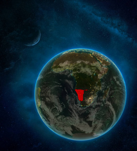 纳米比亚从地球上的太空晚上被月球和银河包围。 有城市灯光和云层的详细星球。 三维插图。 这幅图像的元素由美国宇航局提供。