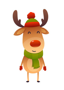 圣诞可爱的驯鹿，有红色和帽子的鼻子卡通人物，新的Jear孤立