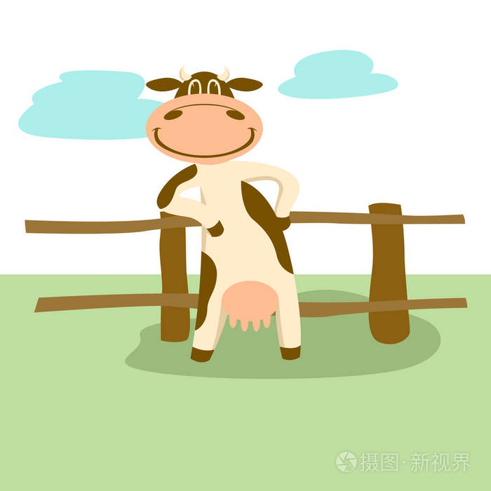 微笑的牛站在附近的围栏卡通向量