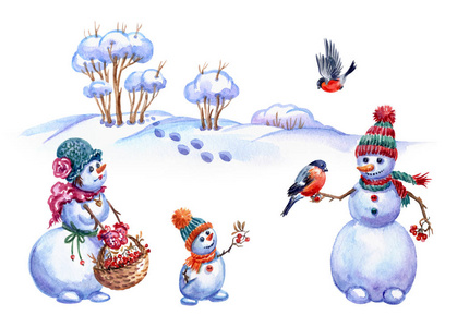 雪人一家人在白色背景上喂食牛叉水彩画。 带雪人的圣诞卡。
