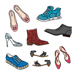 收集男女手绘靴子。 矢量涂鸦插图可用于设计海报折扣卡装饰鞋店