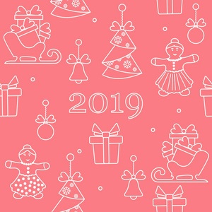 与圣诞节和新年符号无缝图案。 圣诞树折纸姜饼人钟球雪橇礼物。