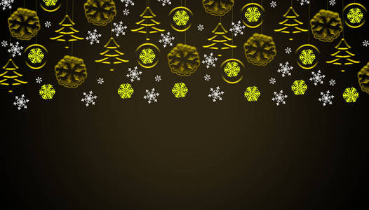 棕色的圣诞背景，上面挂着金色的挂饰和雪花