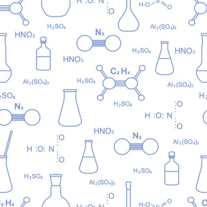 科学矢量无缝图案与烧瓶分子结构和公式。 教育要素。 化学生物医学。